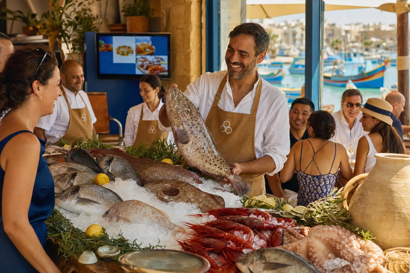 The fish counter on the Marsaxlokk quay, a fishmonger lifting a grouper for a guest
