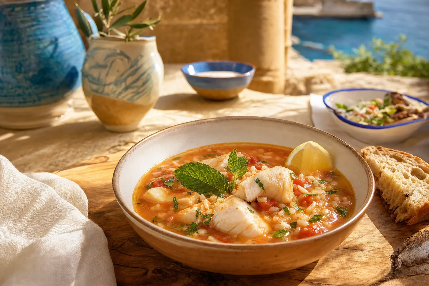 A bowl of aljotta, the Maltese fish soup, with mint and lemon