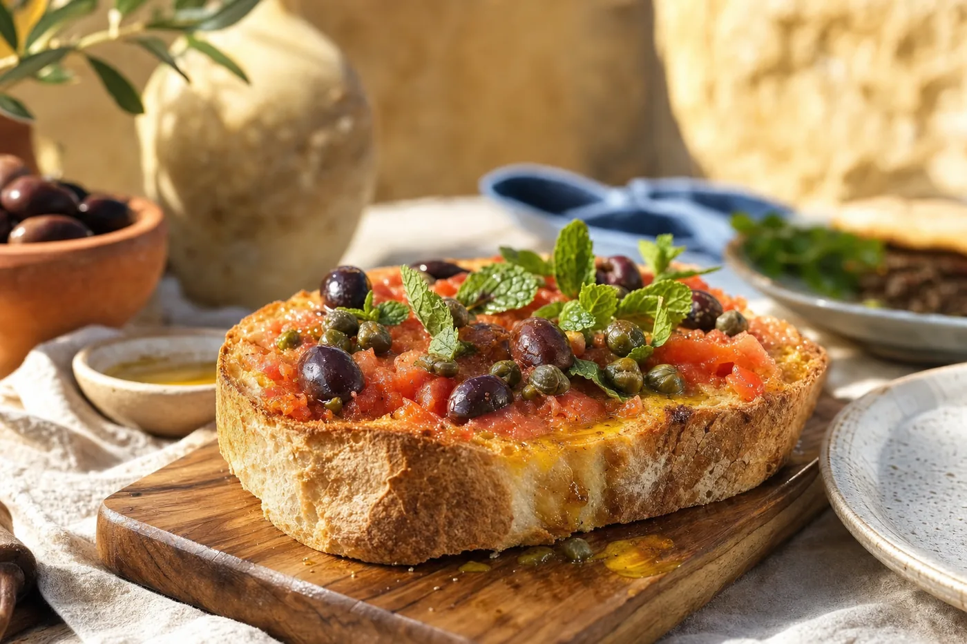 Maltese bread with tomato, capers, olives and mint