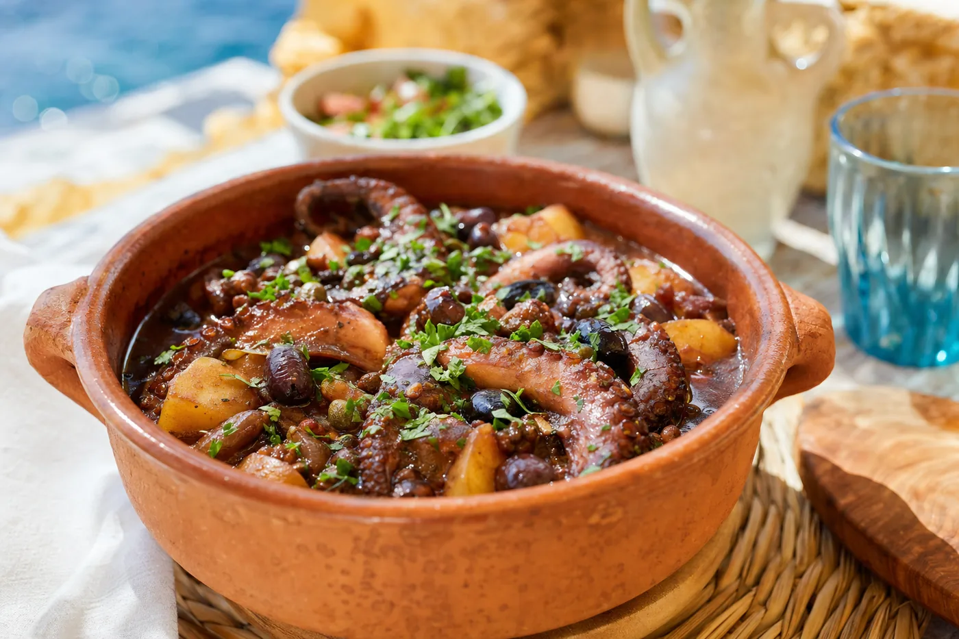 Octopus stewed in red wine with olives and capers