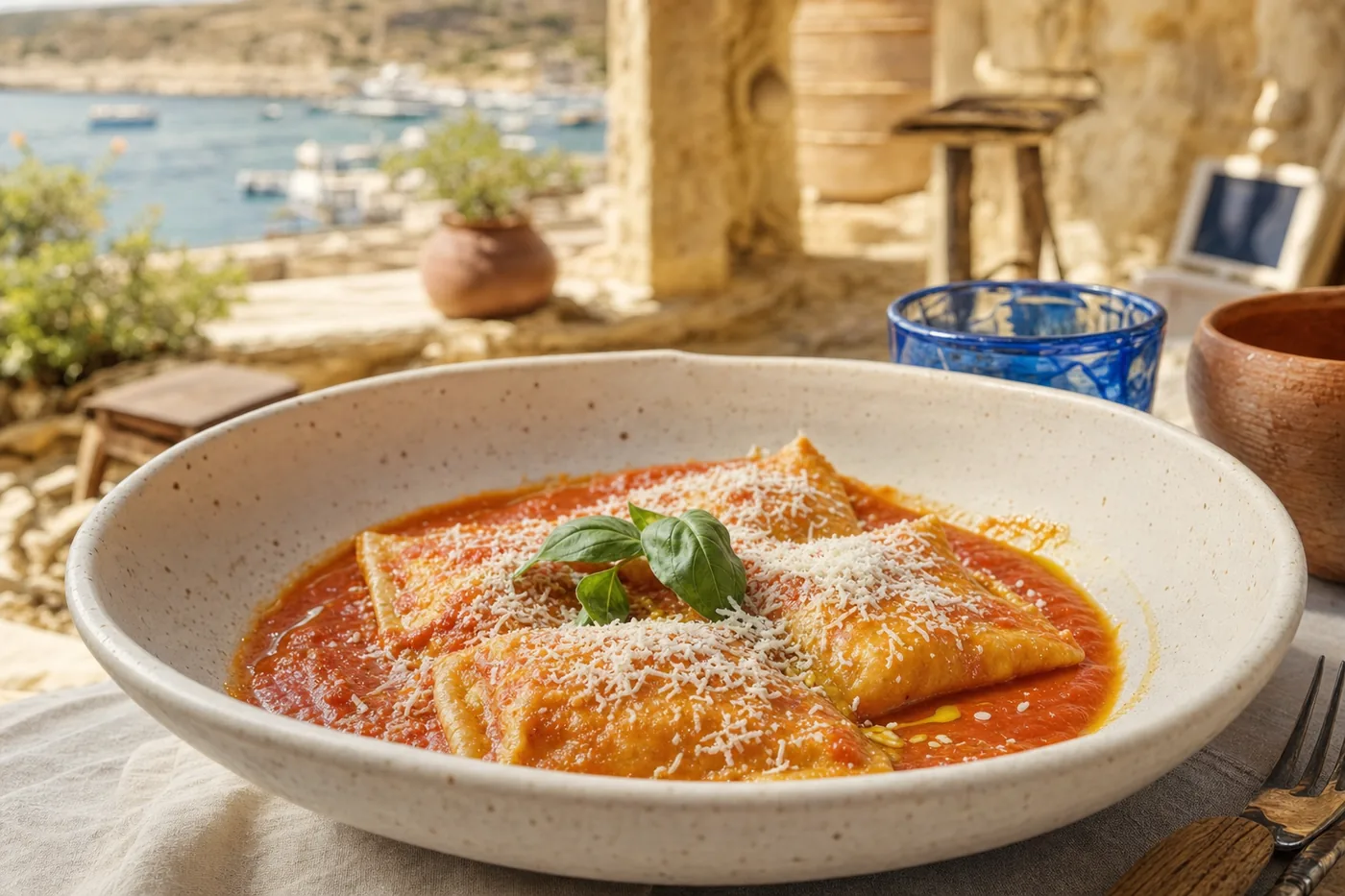 Maltese ravioli filled with ricotta, in tomato sauce
