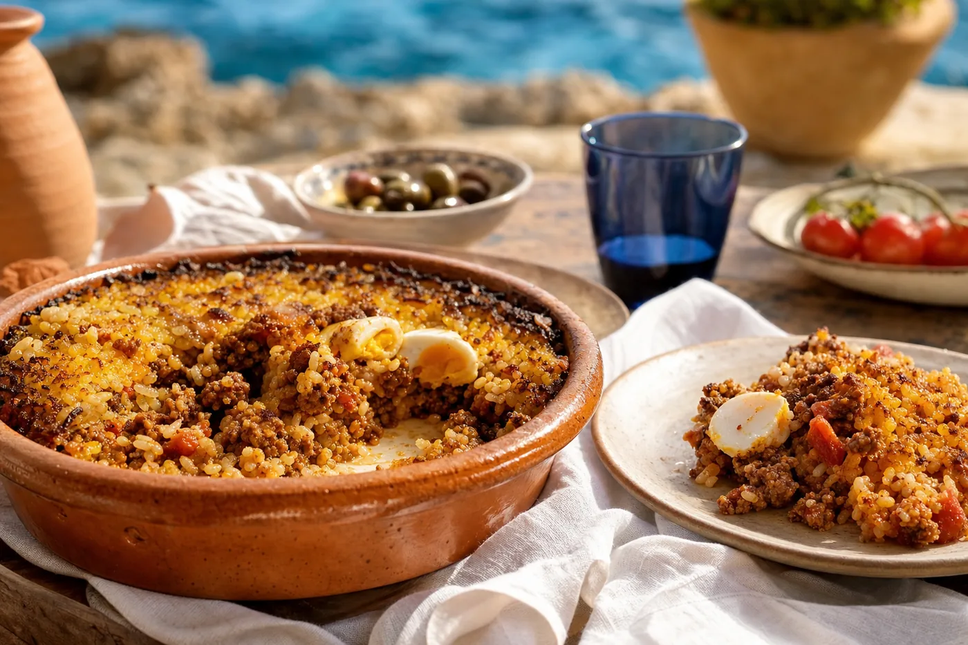 Golden baked rice with meat, tomato and egg