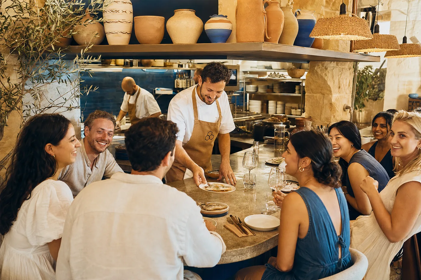Eight guests at the kitchen counter, the chef serving