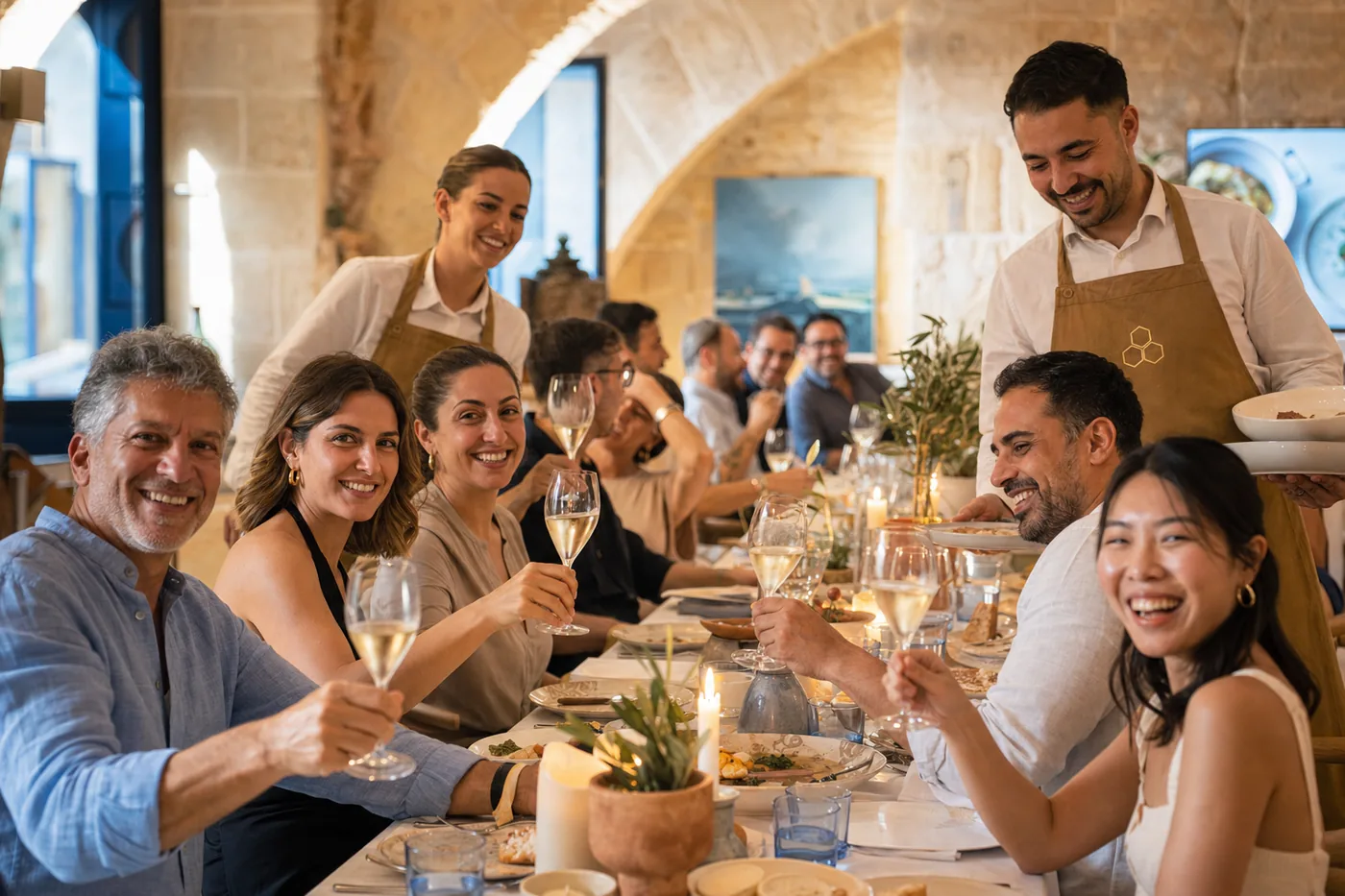 A group raises a toast under the vaults of the merchant's room