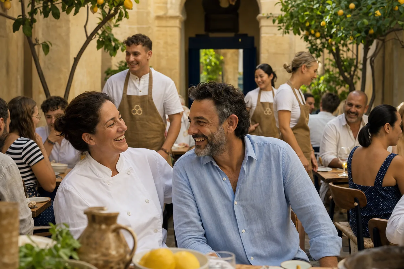 The two founders in the courtyard of the Valletta palazzo