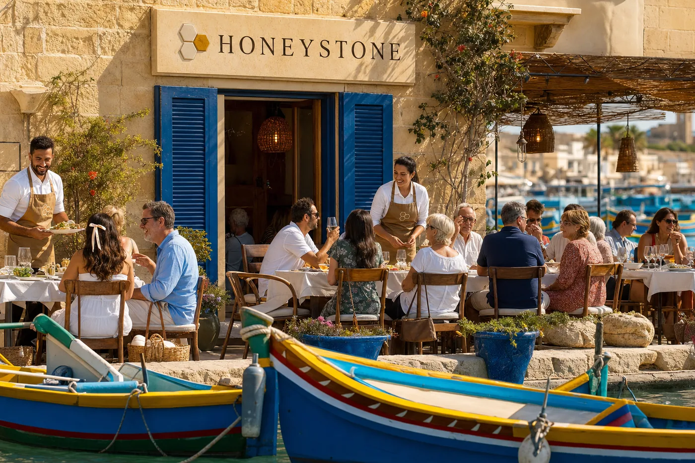 The fish house on the Marsaxlokk quay, painted luzzu boats moored in front