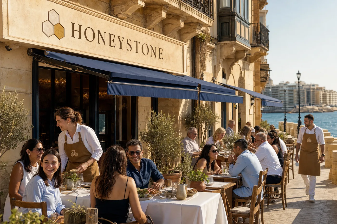 The terrace on the Sliema seafront under blue awnings, the sea beyond the promenade