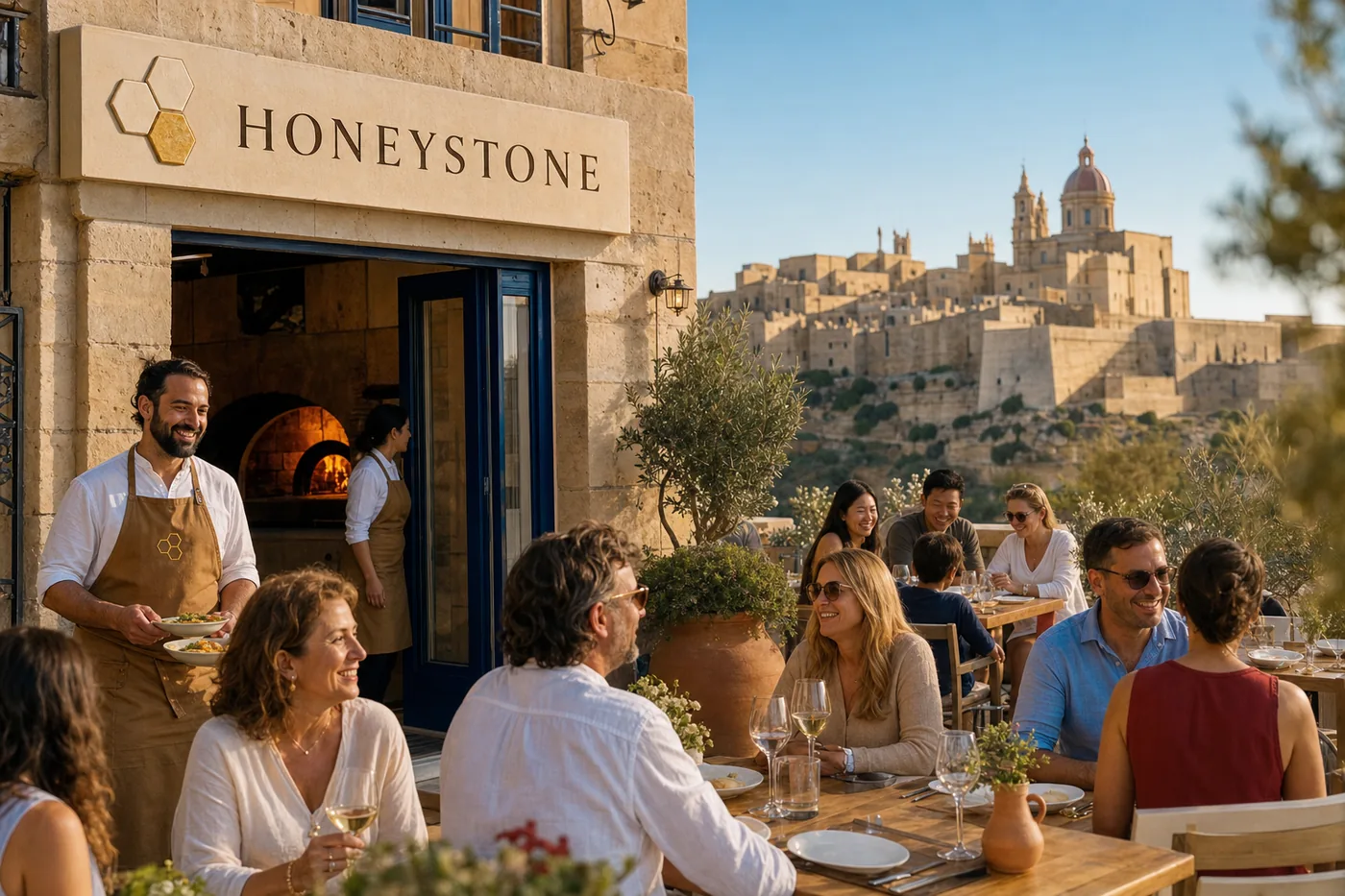 The terrace in Victoria, the wood oven glowing inside, the Citadel on the hill behind