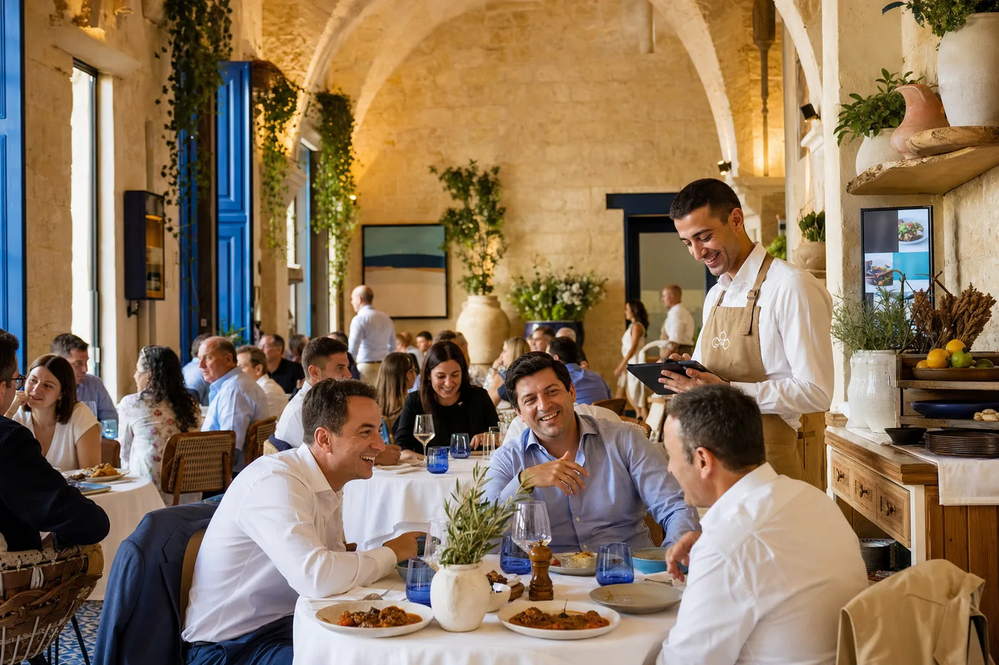 Business lunch under limestone vaults, a waiter taking the order on a handheld
