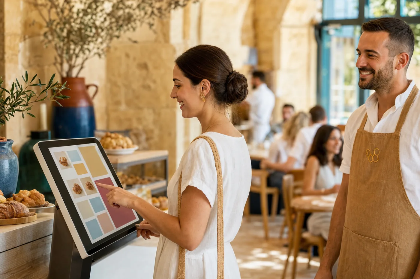A woman orders her breakfast at the self-order kiosk