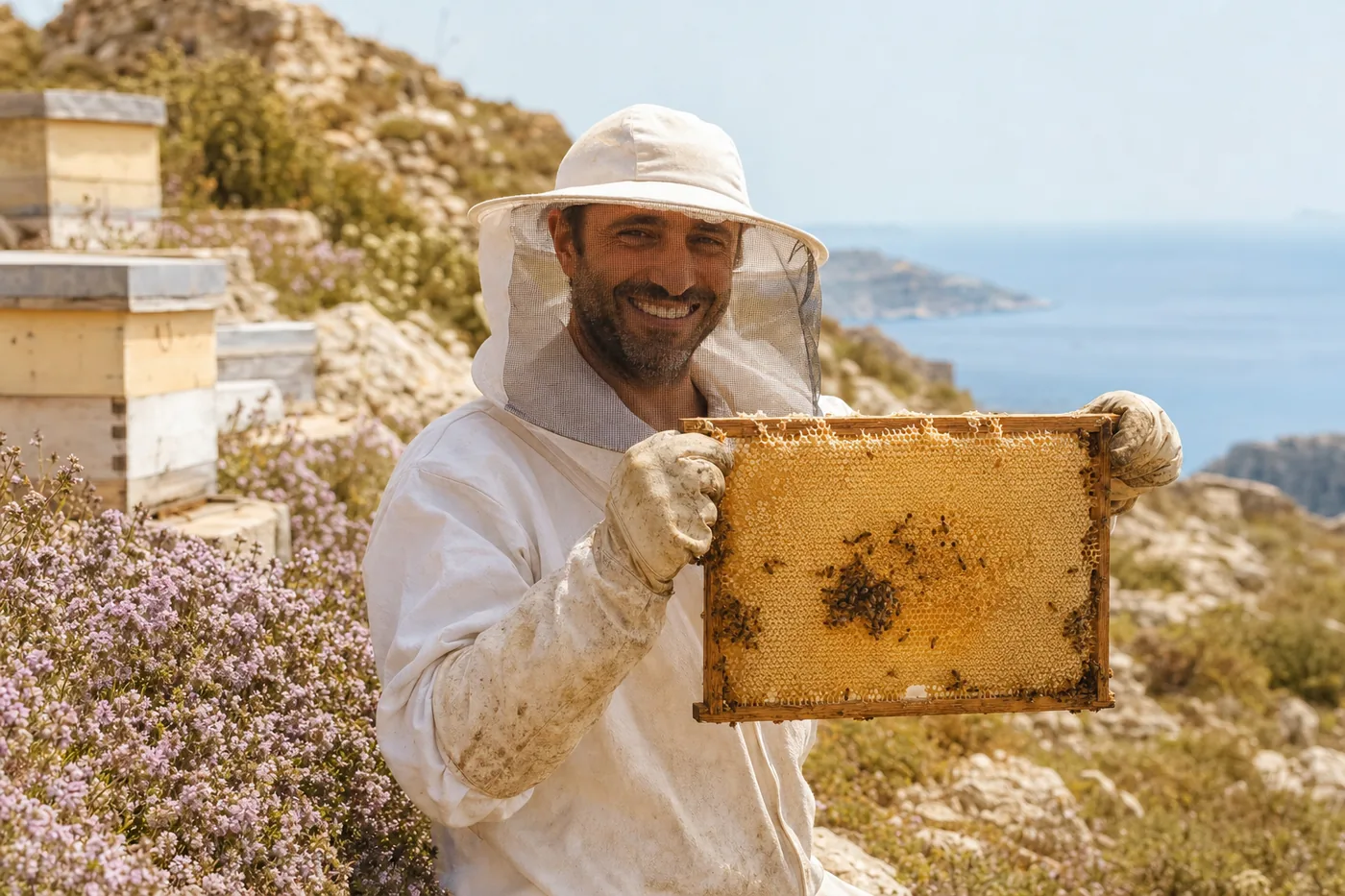 A beekeeper holds a frame of honeycomb among wild thyme on Gozo