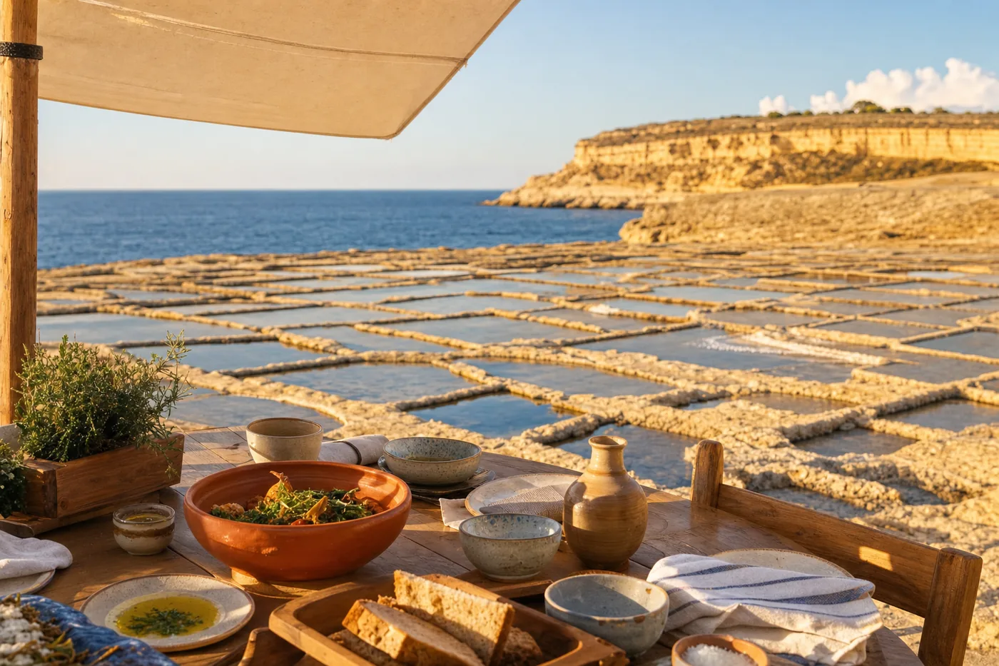 The rock-cut salt pans on the north coast of Gozo at sunset